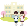桜の咲く小学校の前で立つ新入生